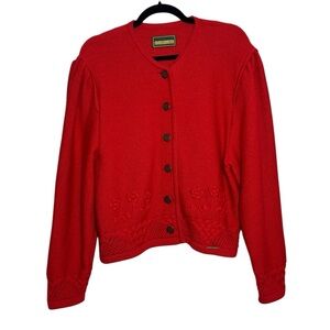 Vintage Geiger Sweater Womens Size 42 Floral Red Button Front Pure Virgin Wool